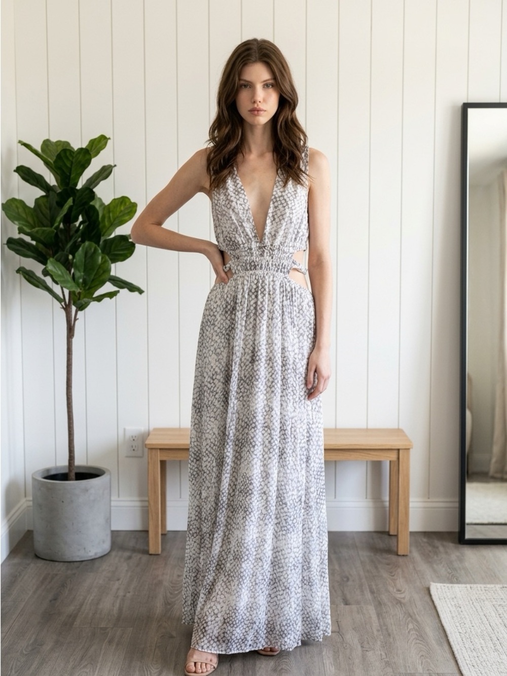 Sleeveless Deep V Cream Snakeskin Maxi Dress